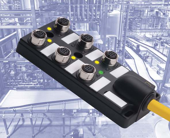 The 6-port M12 passive junction box by Turck integrates multiple devices into a single unit. It has two discrete signals per port, allowing the unit to provide up to 12 discrete signals and has IP67-rated ingress protection. Courtesy: Turck