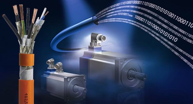 The Topserv Hybrid PVC and PUR cables by Helukabel combine power and feedback cables and combine power conductors and break pairs with an encoder cable element. Courtesy: Helukabel