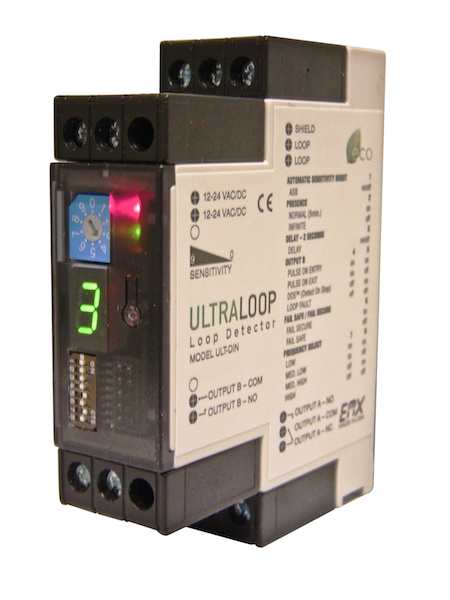 The ULT-DIN loop detector by EMX Industries features two output relays and 10 sensitivity settings and has a detect-on-stop feature for cross traffic situations in warehouses. Courtesy: EMX Industries