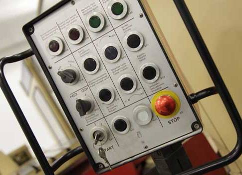 E-stops (emergency stop buttons) need to be designed to be easily accessible and labeled clearly to allow for a quick shutdown in an out-of-control situation. Courtesy: Optimation