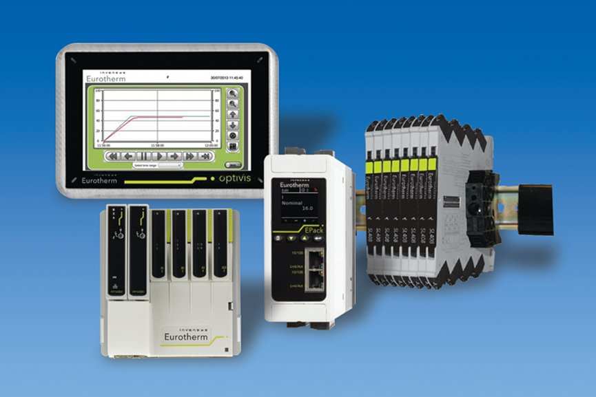 These new Eurotherm machine control products are designed to maximize uptime, minimize rework and improve performance. Moving counterclockwise from the upper left corner they are the Optivis HMI Operator Panel, the Versadac Scalable Data Recorder, the EPa