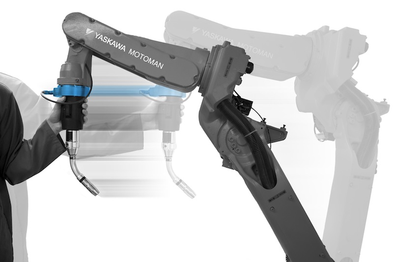 Kinetiq Teaching by Robotiq and Yaskawa Motoman simplies teaching and set-up times by allowing the user to guide the robot by hand to desired welding positions. Courtesy: Yaskawa Motoman, Robotiq