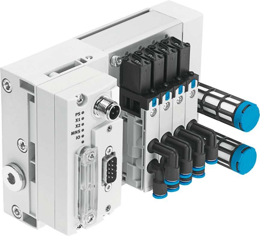 Festo's CTEU bus node opens up Fieldbus connectivity for two pneumatic valve terminals at the same time and meets IP65 and IP67 ratings. Courtesy: Festo