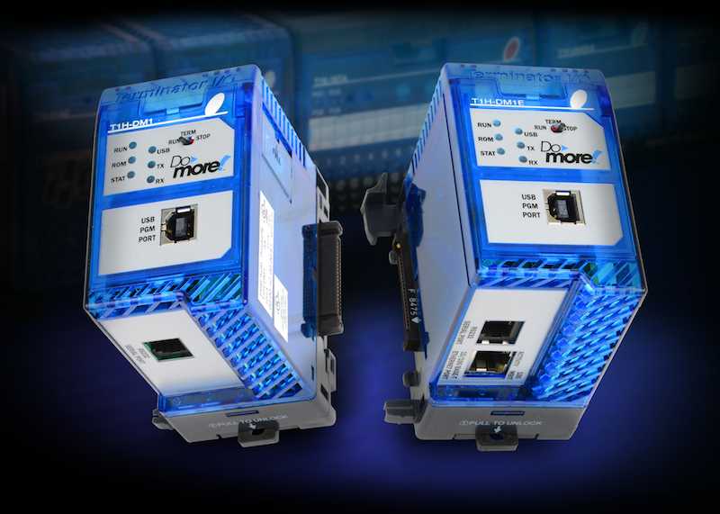 The Do-more T1H Series PLC by AutomationDirect supports up to 256 I/O points in three stackable rows and allow the CPU to support Ethernet connectivity. Courtesy: AutomationDirect