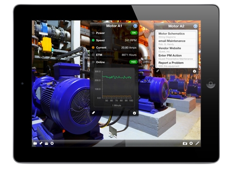 This holistic live video display of plant motors is overlaid with live process data as values, trends, and graphs. The Apple iOS application iQagent from iQuest provides an augmented reality view of the plant floor. Kepware’s KepServerEx support iQagent’s