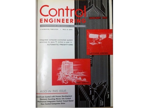 January 1955 Control Engineering cover articles include How an Integrated computer-controlled system promises to save $1 million a year, Coordinate control with process development, Electronic counting moves into control, Mechanical integrators control to