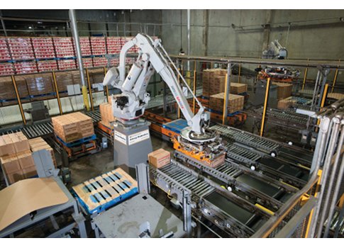 A common control system for the robot and nearby control functions enables easier upgrades and maintenance, and reduces total cost of ownership. Here an Alvey robotic palletizing cell from Intelligrated operates with nearby conveyors. Courtesy: Intelligra