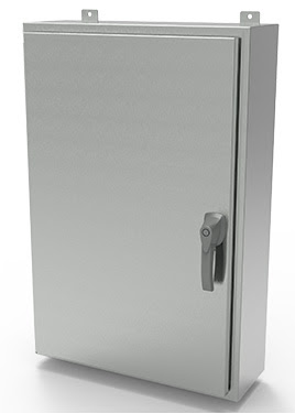 Hammond Manufacturing's HWSSHK304 and 316L stainless steel wallmount enclosures are available in 30 sizes and are sealed to NEMA 4X (IP66) and UV resistant. Courtesy: Hammond Manufacturing
