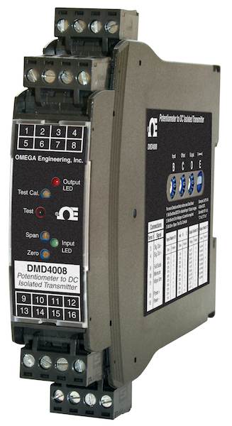 Omega’s DMD4008 series of transmitters accepts a resistance input from potentiometer, slidewire, linear position, displacement, or rotational devices and has removable plugs for fast installation. Courtesy: Omega Engineering
