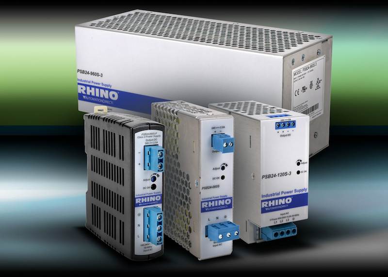 Rhino PSB series DIN rail mount single-phase and three-phase input power supplies by AutomationDirect with IP20-rated terminals and features rugged plastic or aluminum housings and output status LED indicators. Courtesy: AutomationDirect