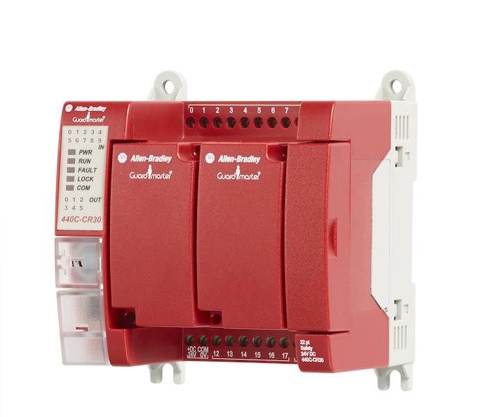 The Allen-Bradley Guardmaster 440C-CR30 safety relay from Rockwell Automation is designed to allow machine builders to implement required safety functions and multiple safety zones. Courtesy: Rockwell Automation