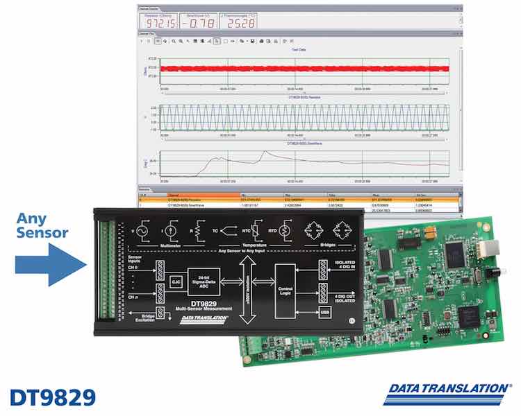 Hardware — Test, Measurement, Calibration: The DT9829 is a multi-sensor measurement module that provides up to eight input channels that allow any sensor connections on any channel including: voltage, current, thermocouples, RTDs, thermistors, resistance,