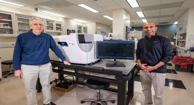 Hero and Rajapaske stand next to the microscope display showing an image of the multiplying B-cells. (Courtesy of: Silvia Cardarelli, Electrical and Computer Engineering, University of Michigan)