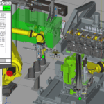Figure 4: A screenshot of FANUC’s ROBOGUIDE including a dual robotic cell and virtual teach pendant communications. Courtesy: Patti Engineering