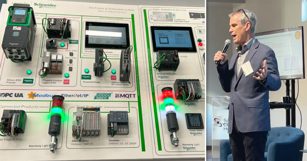 Schneider Electric’s EcoStruxure Automation Expert platform on display at the Houston Innovation Hub (left side of image). Chris Seppala, principal technical expert at Shell Oil Co. for base layer control, modeling, and optimization, discusses how the company deployed the platform to update existing refinery control systems at its Scotford plant in Alberta, Canada. (right side of image). Source: Sarah Wynn