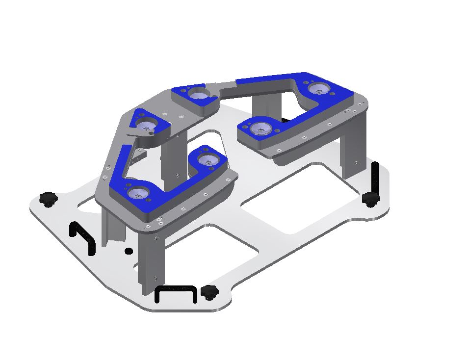 Modular tooling and precise locating features support high repeatability. ATI Industrial Automation coupler integration allows fixtures like this to swap in and out as part of changeover strategy. Courtesy: DRM