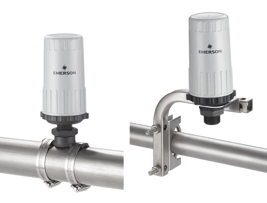 Figure 1: Emerson’s Rosemount Synchros Temperature Monitor can be mounted and operated easily since it requires no external wired connections and has multi-year battery life. Its industrial internet of things platform uses modular components to provide asset monitoring measurements and data streams, and it uses WirelessHART (FieldComm Group) communications. Other protocols are planned, such as LoRaWAN (LoRa Alliance) and cellular, to expand temperature monitoring applications.